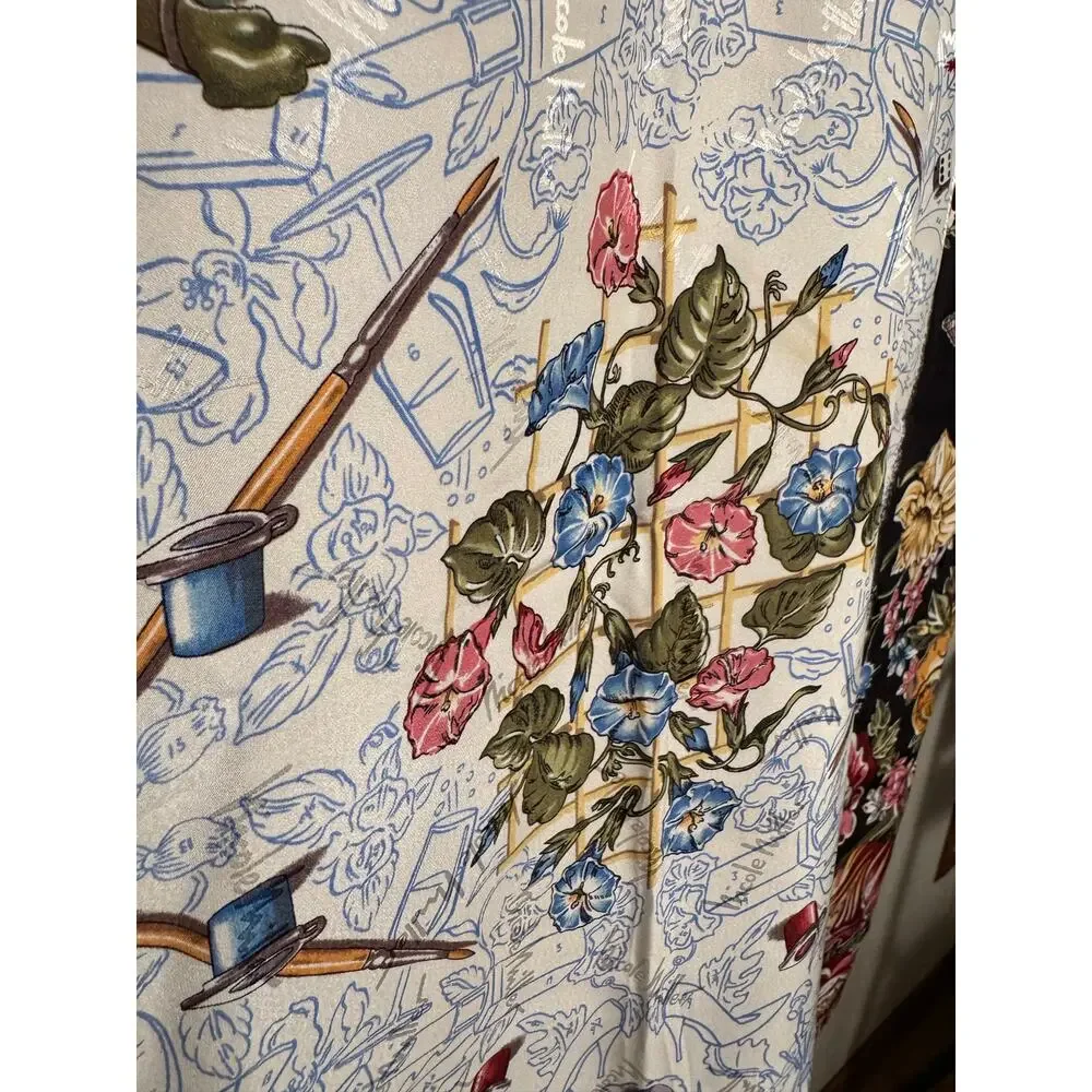 100% Korean Silk Vintage Nicole Miller Scarf In Quirky Paint-By-Number Print